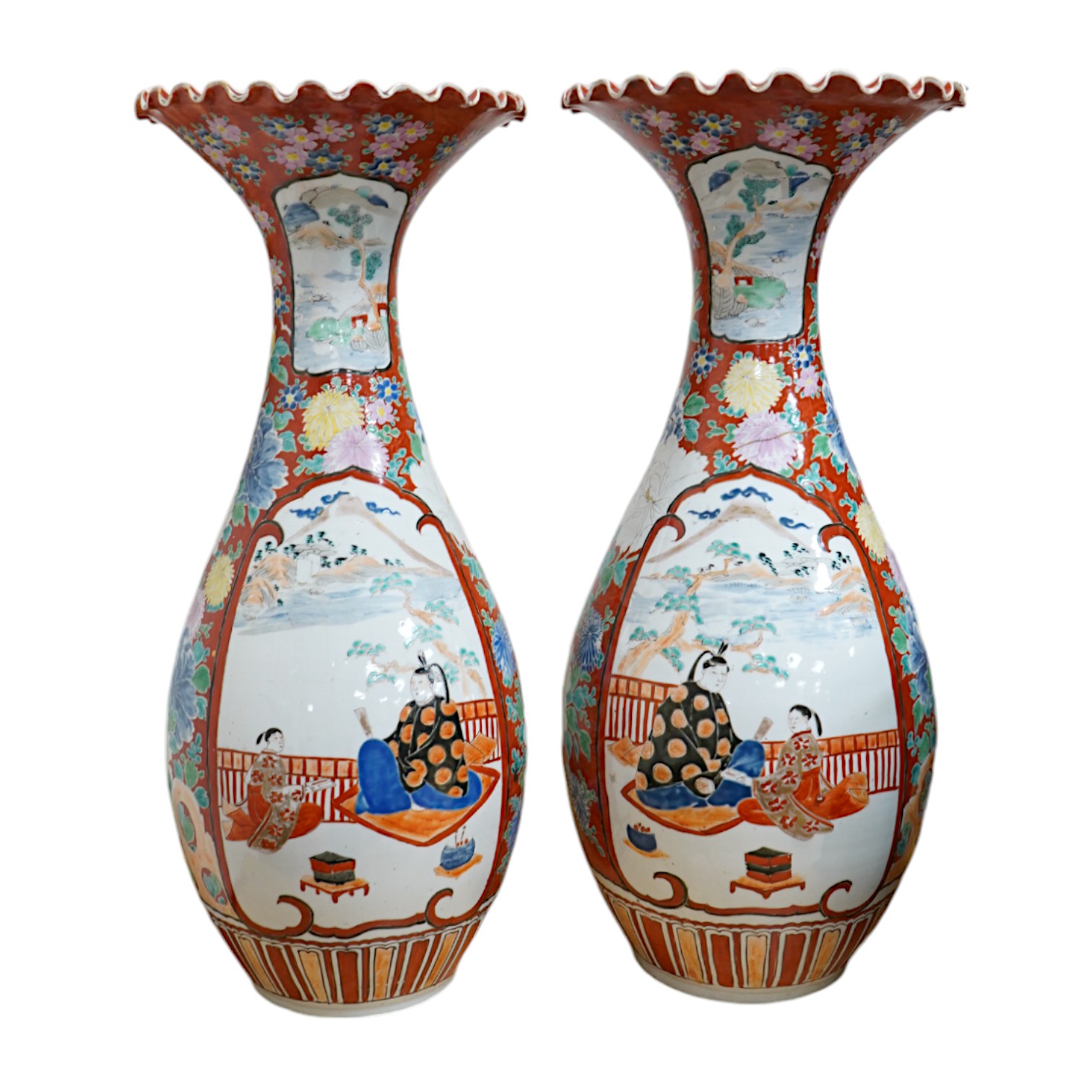 A pair of Japanese Kutani vases, Meiji period, 55.5cm. Condition - poor